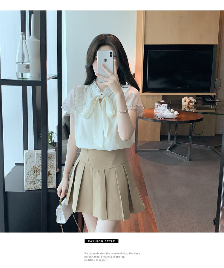 실사 2026 여름 새로운 나비 매듭 프릴 칼라 쉬폰 블라우스 셔츠 양성 및 음성 둘 착용 반팔 맨위 상세 이미지 29