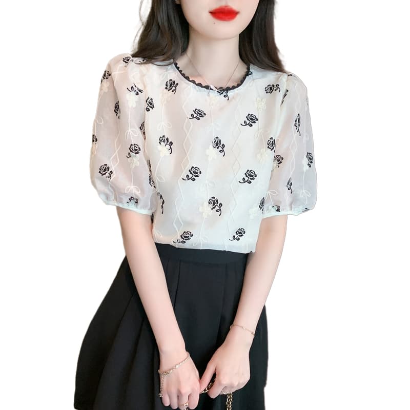 실사 2026 새로운 새로운 중식 셔츠 봄 여름 레트로 레이스 셔츠 거품 소매 쉬폰 여성 이미지 5