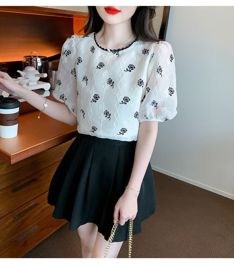 실사 2026 새로운 새로운 중식 셔츠 봄 여름 레트로 레이스 셔츠 거품 소매 쉬폰 여성 상세 이미지 24