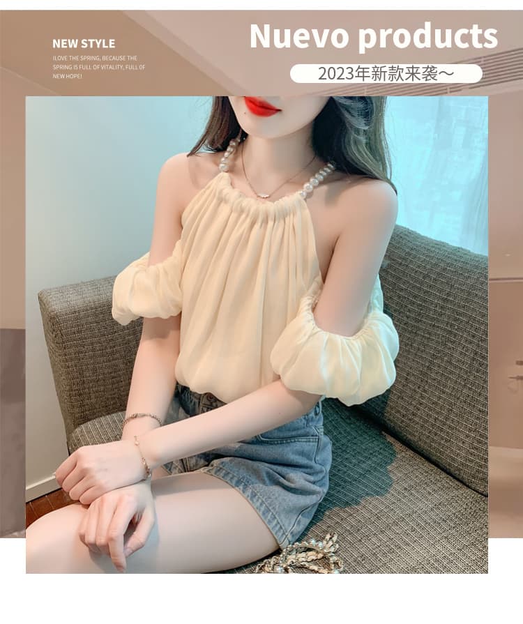 실사 차 휴식 프랑스식 진주 행침 목 섹시함 맨위 여성 여름 새로운 품격 부드러운 쉬폰 블라우스 슈퍼 요정 상세 이미지 1