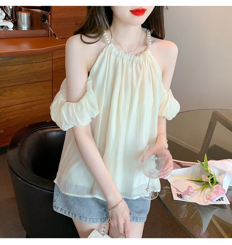 실사 차 휴식 프랑스식 진주 행침 목 섹시함 맨위 여성 여름 새로운 품격 부드러운 쉬폰 블라우스 슈퍼 요정 상세 이미지 21