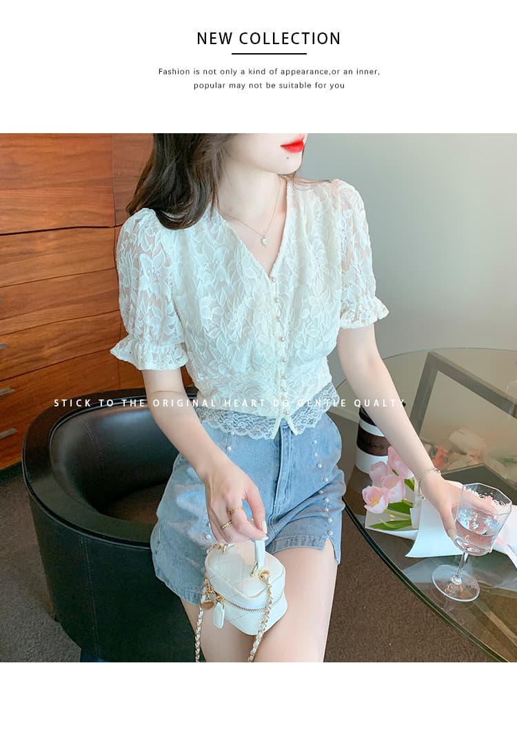 실사 2026 여름 새로운 레이스 셔츠 반팔 홀로우 아웃 허리 수축 품격 V넥 고급 외국 가스 작은 셔츠 상세 이미지 8