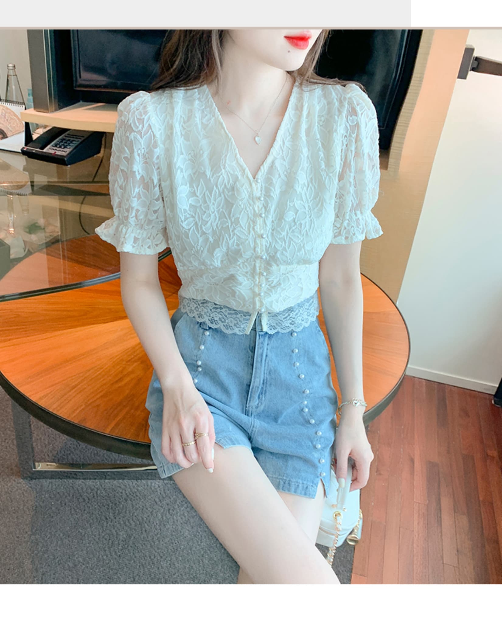 실사 2026 여름 새로운 레이스 셔츠 반팔 홀로우 아웃 허리 수축 품격 V넥 고급 외국 가스 작은 셔츠 상세 이미지 12