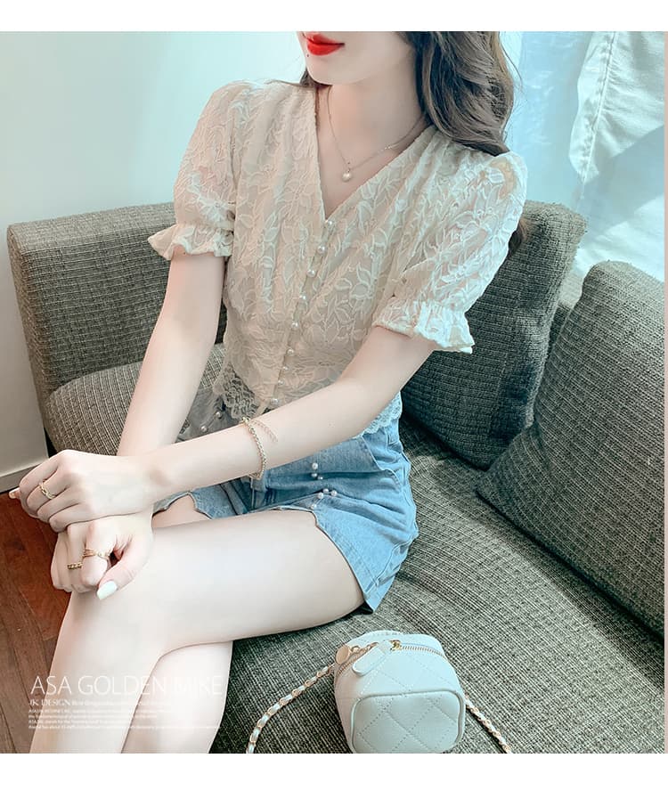 실사 2026 여름 새로운 레이스 셔츠 반팔 홀로우 아웃 허리 수축 품격 V넥 고급 외국 가스 작은 셔츠 상세 이미지 16