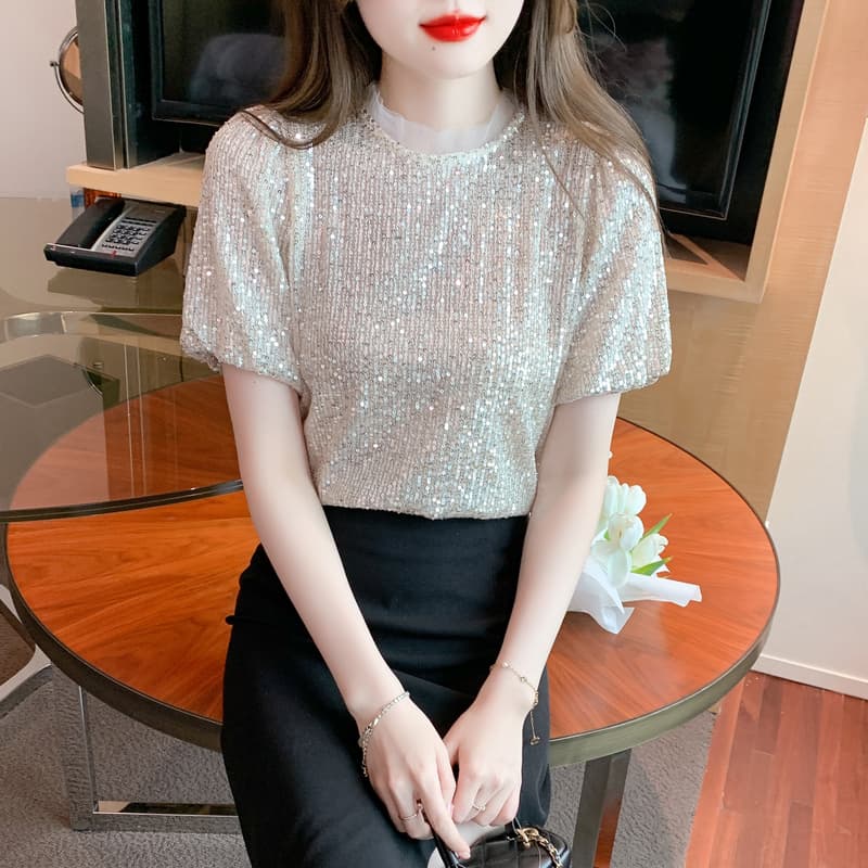 실사 2026 섹션 여름 창의성 패션 스팽글 무거운 작업 유럽 오간자 벌룬 소매 라운드 넥 맨위 이미지 2