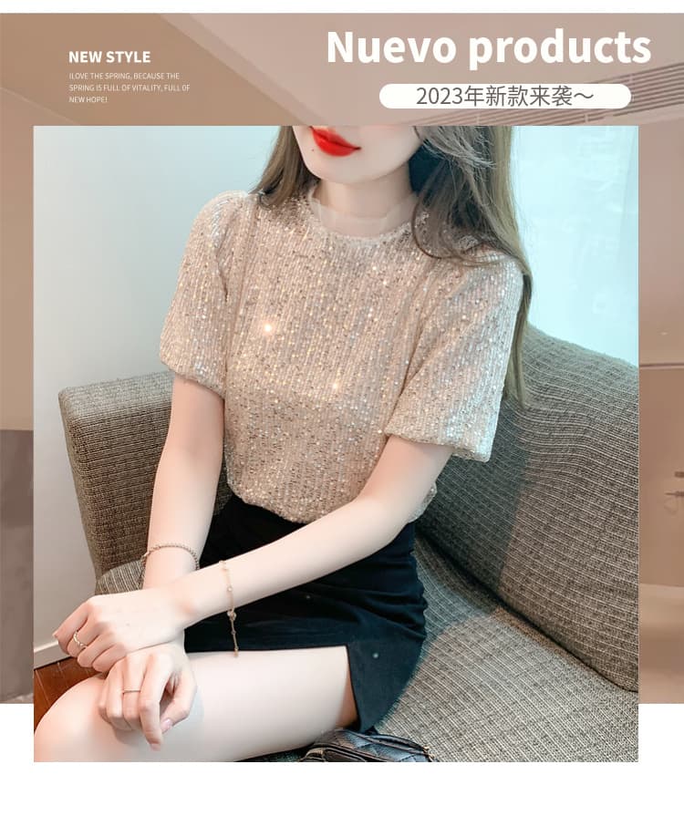 실사 2026 섹션 여름 창의성 패션 스팽글 무거운 작업 유럽 오간자 벌룬 소매 라운드 넥 맨위 상세 이미지 1