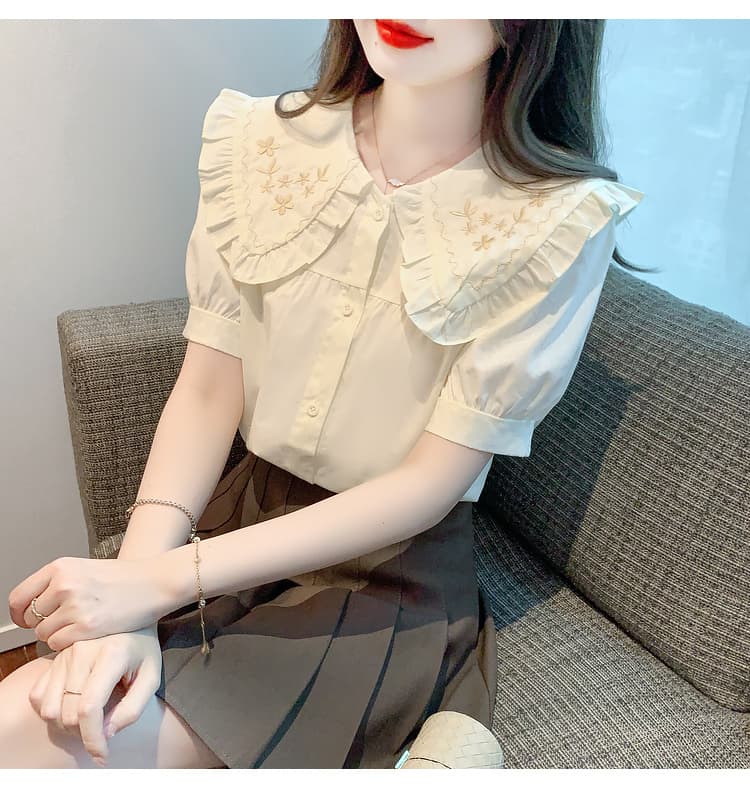 실사 쉬폰 여성 셔츠 2026 년 새로운 베이비 칼라 Chic 자수 레이스 맨위 반팔 기본 셔츠 상세 이미지 24