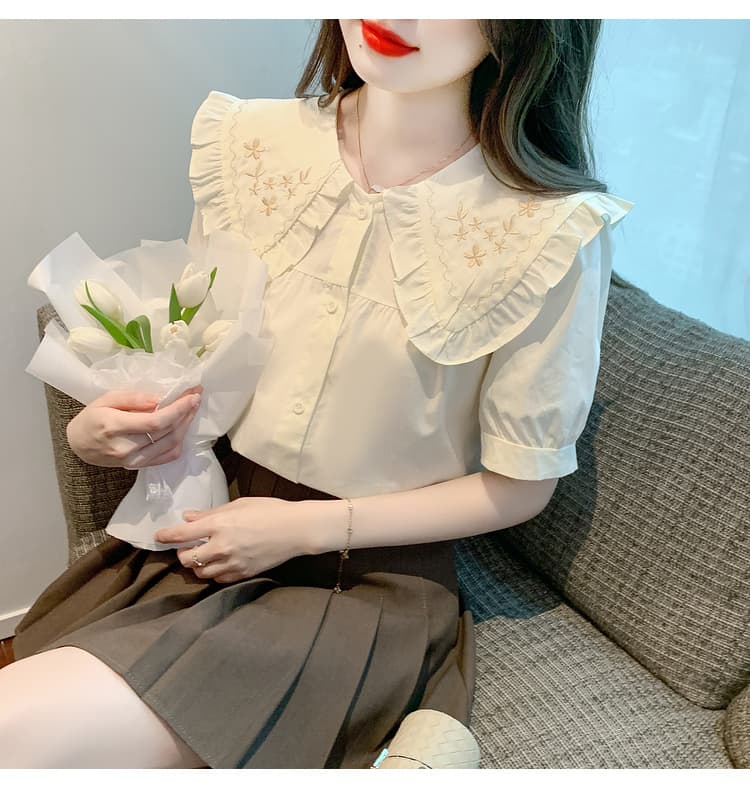실사 쉬폰 여성 셔츠 2026 년 새로운 베이비 칼라 Chic 자수 레이스 맨위 반팔 기본 셔츠 상세 이미지 26