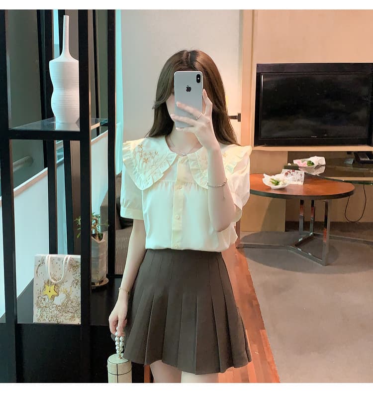실사 쉬폰 여성 셔츠 2026 년 새로운 베이비 칼라 Chic 자수 레이스 맨위 반팔 기본 셔츠 상세 이미지 36