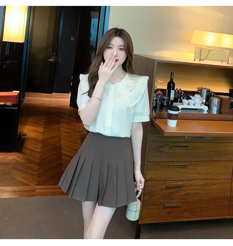 실사 쉬폰 여성 셔츠 2026 년 새로운 베이비 칼라 Chic 자수 레이스 맨위 반팔 기본 셔츠 상세 이미지 37
