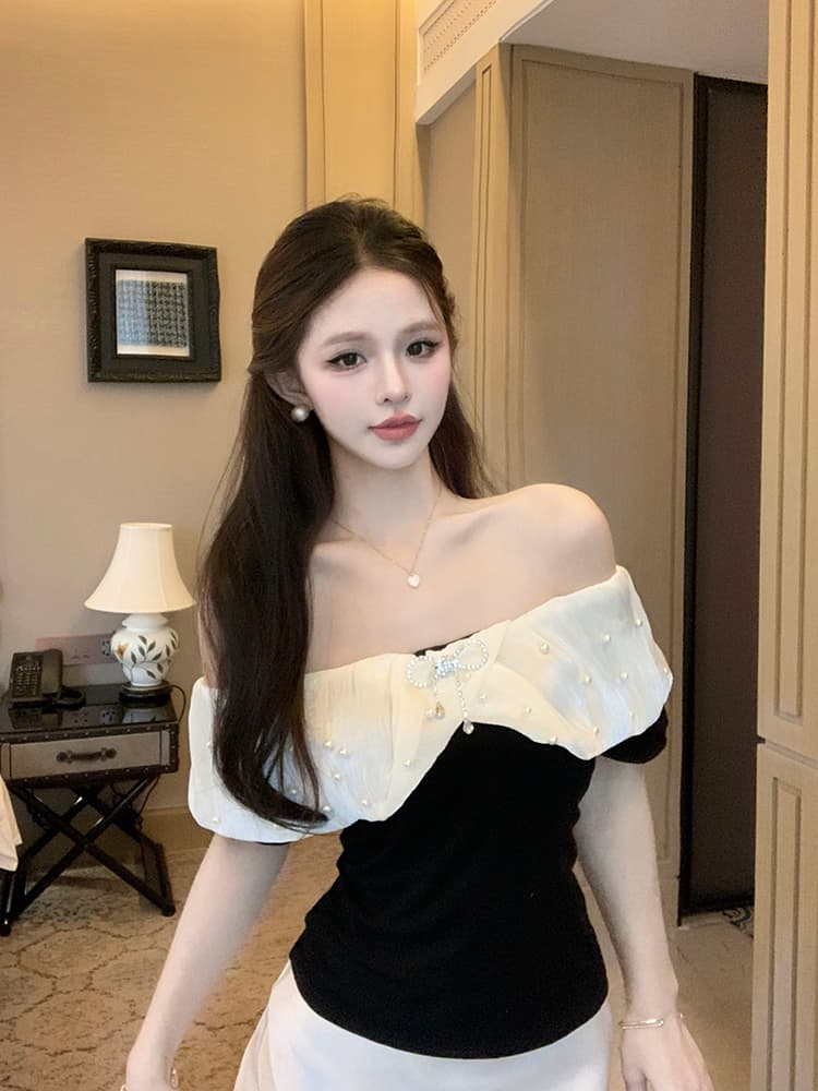 실사 순수한 욕망 핫걸 섹시함 오프숄더 비즈 박기 나비 매듭 반팔 몸매 가꾸기 쇼트 스타일 티셔츠 프랑스식 품격 맨위 이미지 2