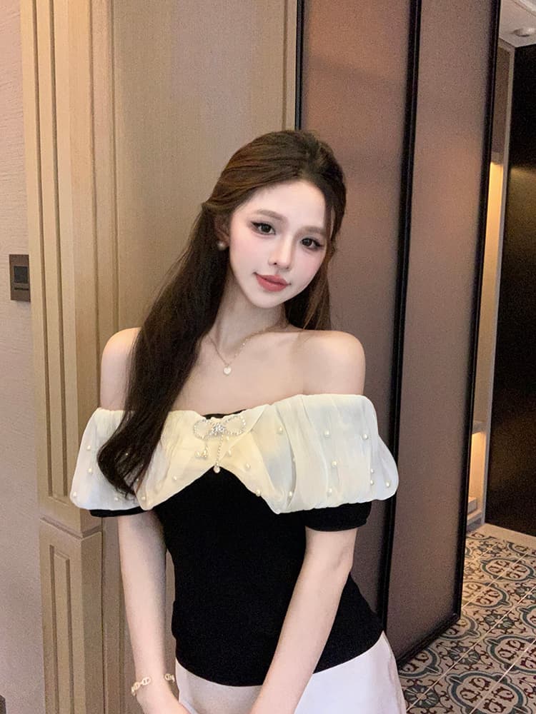 실사 순수한 욕망 핫걸 섹시함 오프숄더 비즈 박기 나비 매듭 반팔 몸매 가꾸기 쇼트 스타일 티셔츠 프랑스식 품격 맨위 이미지 3