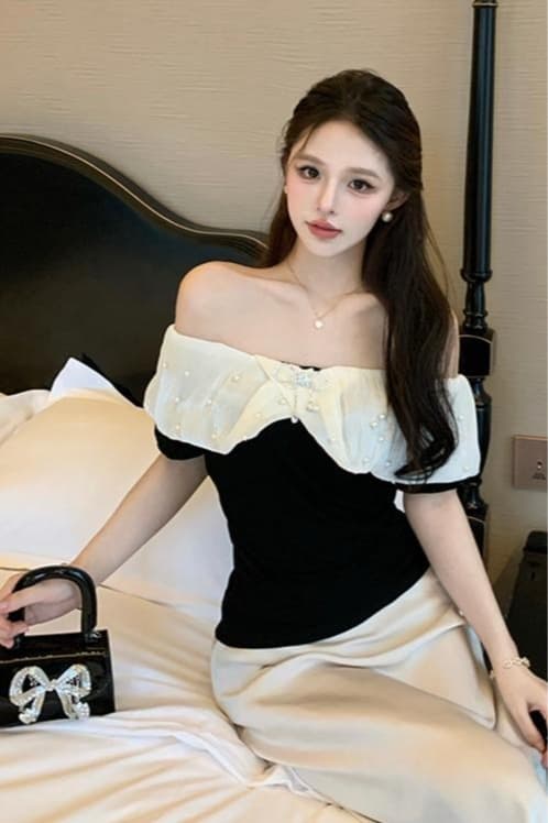 실사 순수한 욕망 핫걸 섹시함 오프숄더 비즈 박기 나비 매듭 반팔 몸매 가꾸기 쇼트 스타일 티셔츠 프랑스식 품격 맨위 이미지 5