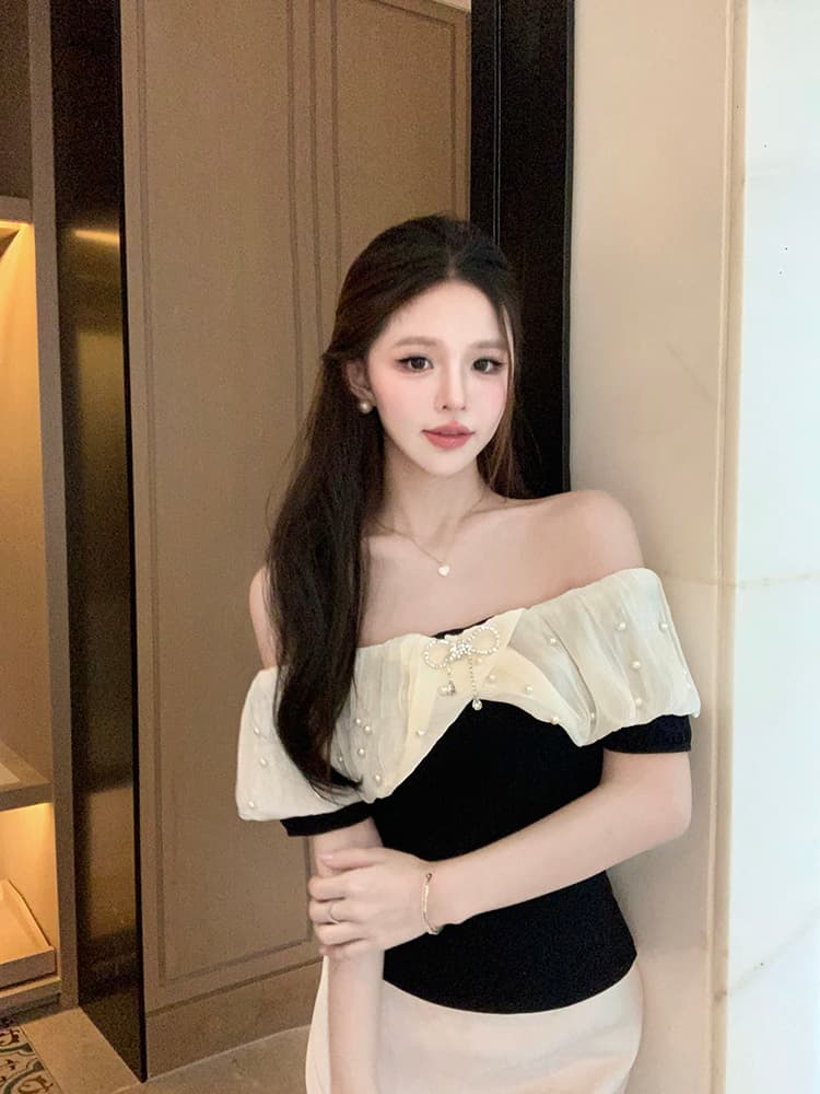 실사 순수한 욕망 핫걸 섹시함 오프숄더 비즈 박기 나비 매듭 반팔 몸매 가꾸기 쇼트 스타일 티셔츠 프랑스식 품격 맨위 상세 이미지 5