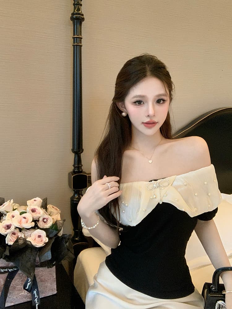 실사 순수한 욕망 핫걸 섹시함 오프숄더 비즈 박기 나비 매듭 반팔 몸매 가꾸기 쇼트 스타일 티셔츠 프랑스식 품격 맨위 상세 이미지 7