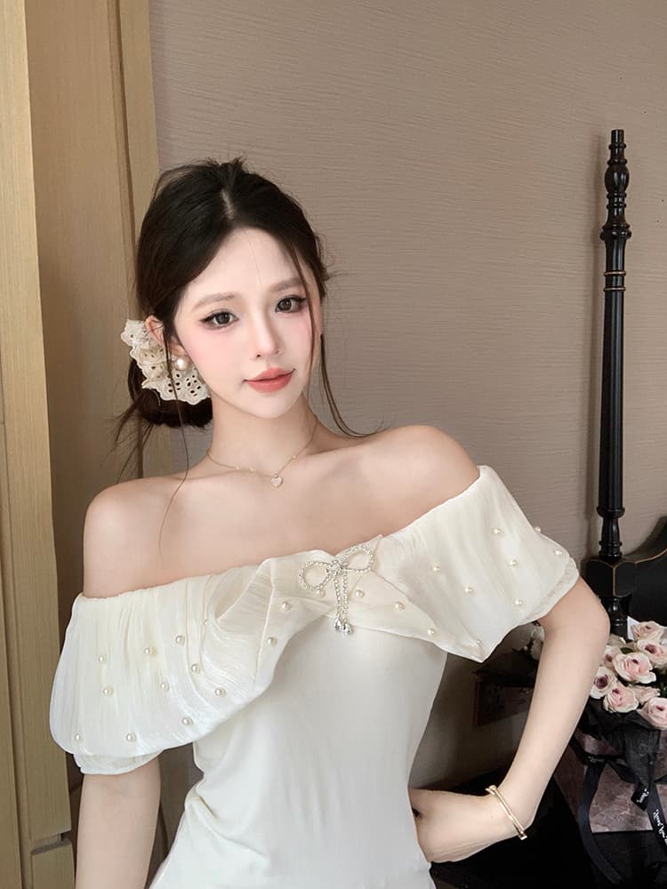 실사 순수한 욕망 핫걸 섹시함 오프숄더 비즈 박기 나비 매듭 반팔 몸매 가꾸기 쇼트 스타일 티셔츠 프랑스식 품격 맨위 상세 이미지 12