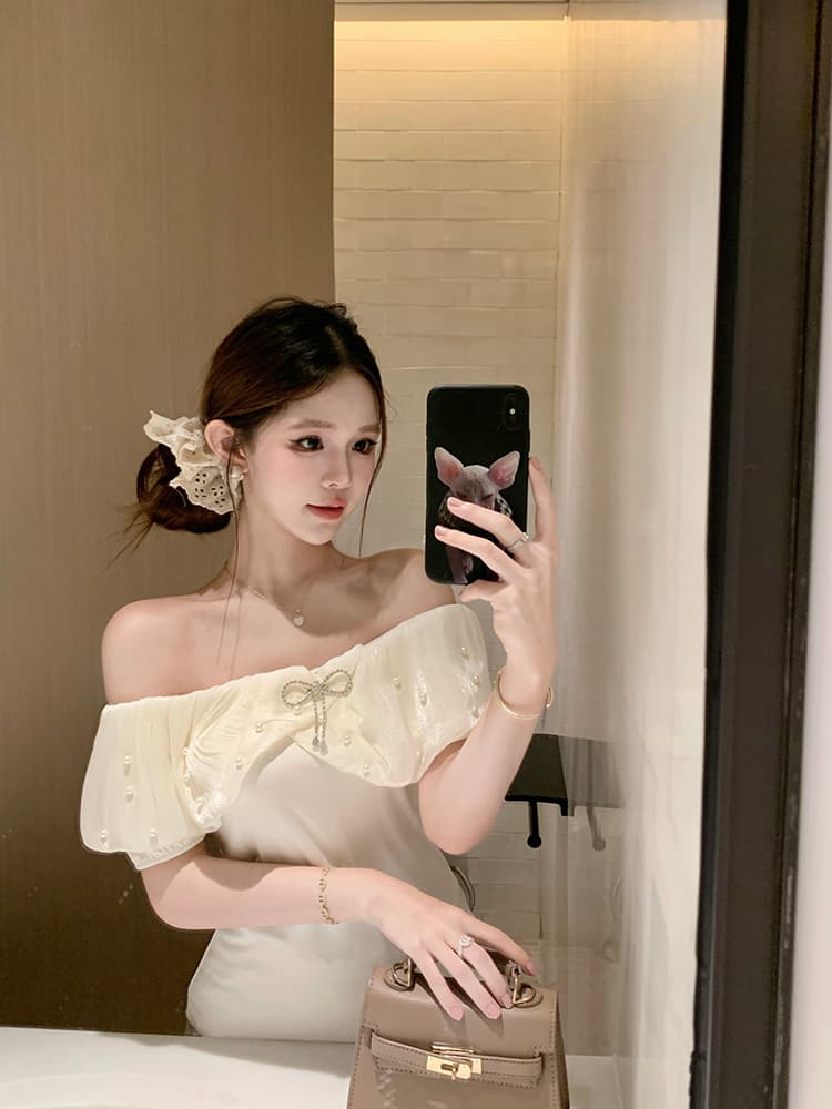 실사 순수한 욕망 핫걸 섹시함 오프숄더 비즈 박기 나비 매듭 반팔 몸매 가꾸기 쇼트 스타일 티셔츠 프랑스식 품격 맨위 상세 이미지 15
