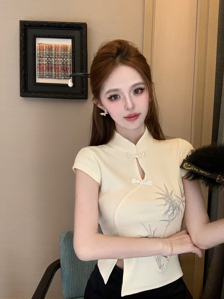 실사 순면 새로운 중식 국풍 반팔 맨위 티셔츠 여성 여름 새로운 디자인 센스 자수 몸매 가꾸기 쇼트 스타일 상세 이미지 3