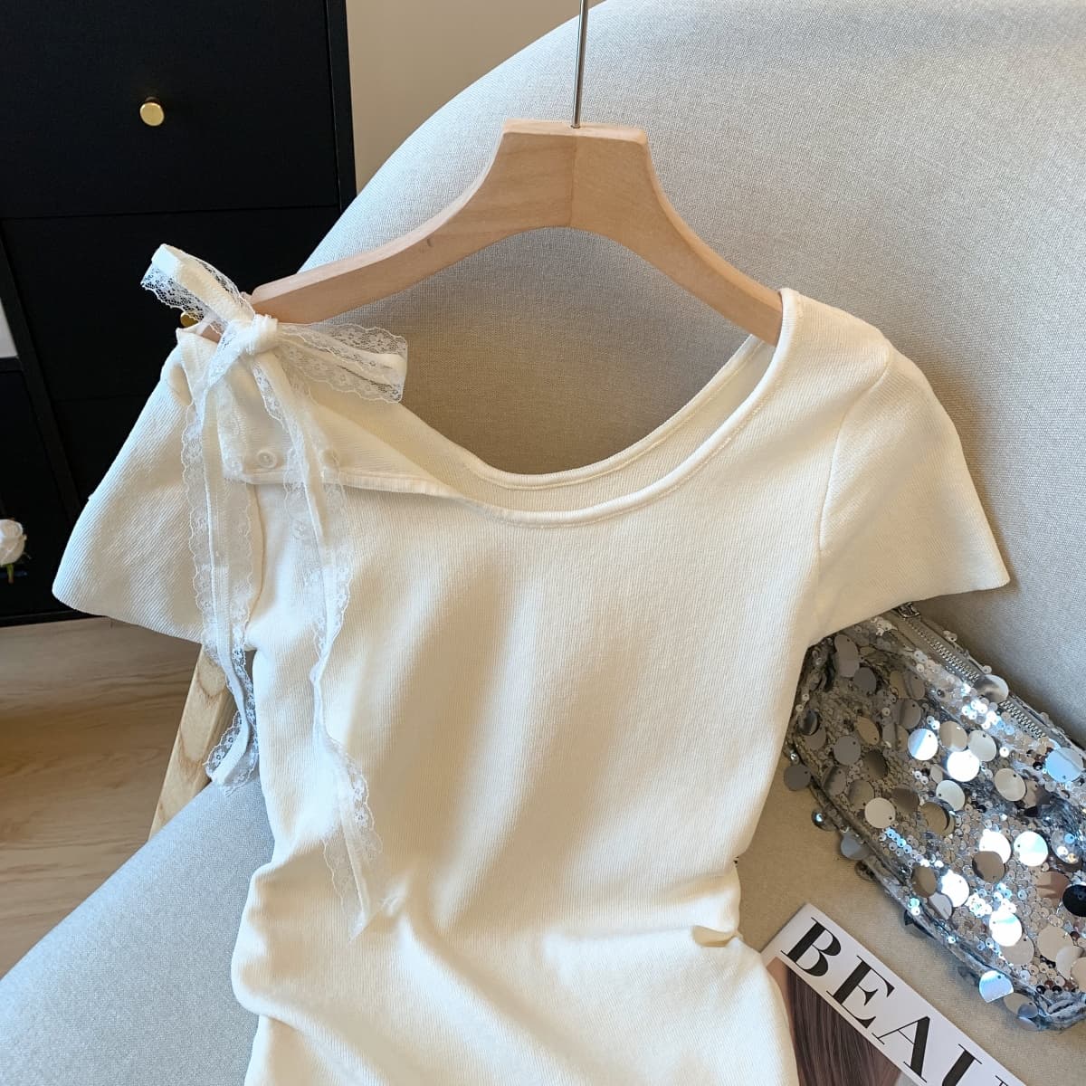 실사 여름 오프숄더 레이스 나비 니트 스웨터 여름 새로운 쇼트 스타일 작은 대중 허리 수축 Chic 슬림해 보이는 맨위 상세 이미지 7