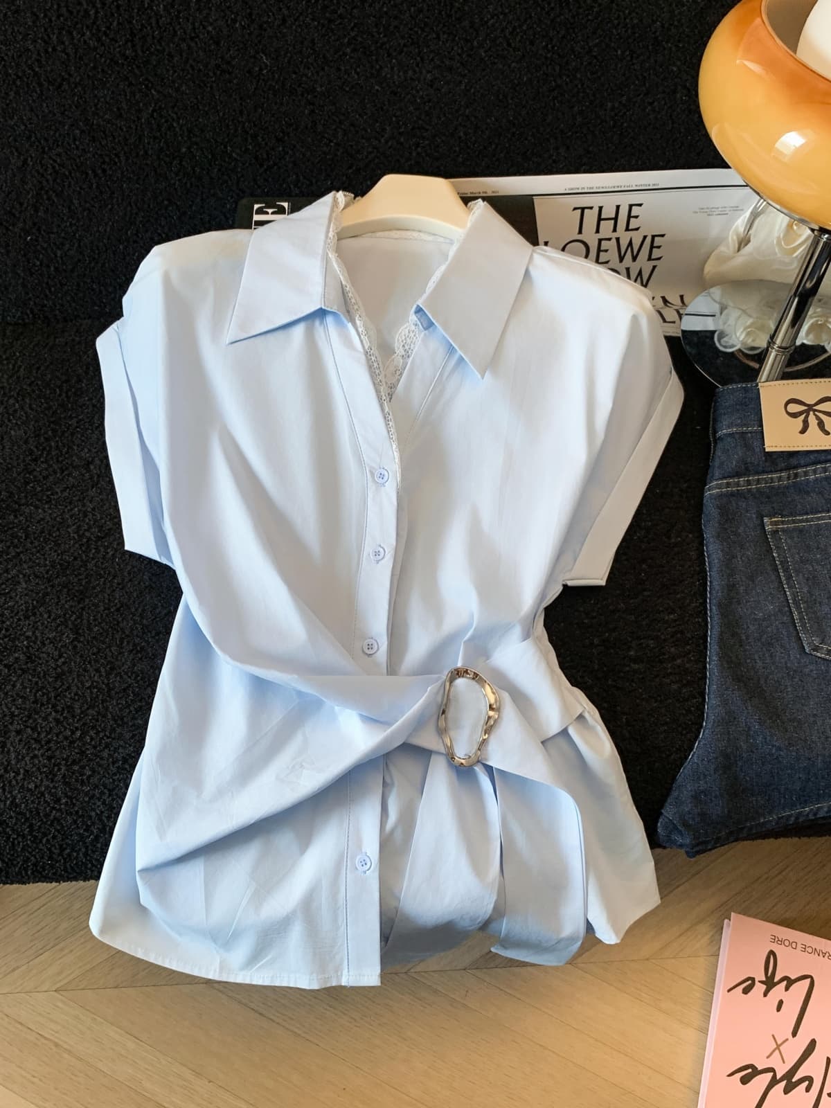 실사 2026 POLO 칼라 스트랩 허리 수축 반팔 여성 셔츠 여름 한국 스타일 디자인 센스 Chic 품격 맨위 상세 이미지 6