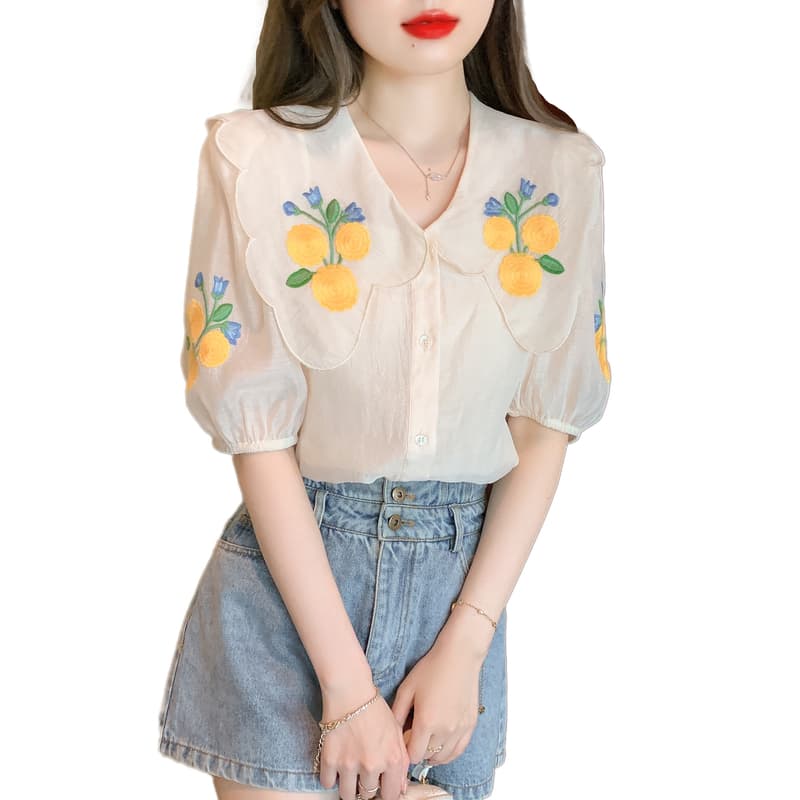 실사 쉬폰 여성 셔츠 2026 년 새로운 프랑스식 Chic 자수 베이비 칼라 레이스 맨위 긴팔 기본 셔츠 이미지 5