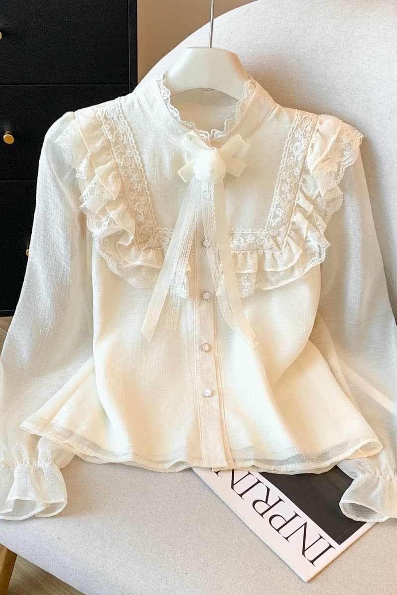 실사 가을 새로운 궁정 프랑스식 빛 럭셔리 레이스 꽃 반하이넥 Chic 디자인 센스 바지를 입는 셔츠 이미지 6