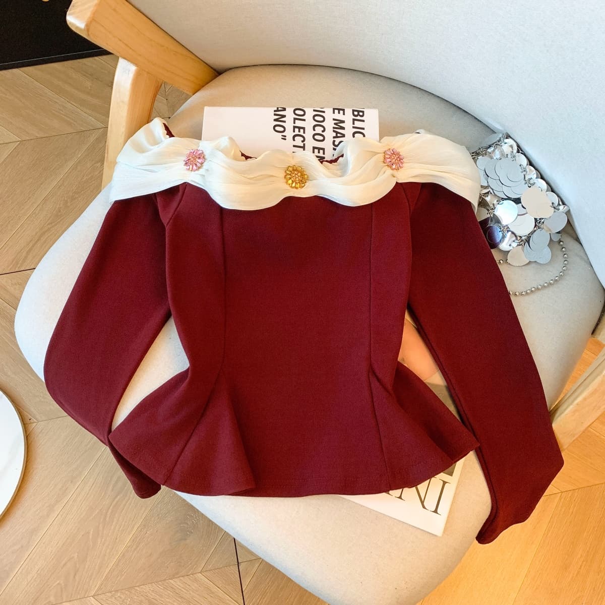 실사 작은 샤넬 스타일 프릴 긴팔 티셔츠 여성 가을 순수한 욕망 오프숄더 맨위 아름다운 기본 셔츠 인사이드 가져 가라. 상세 이미지 8