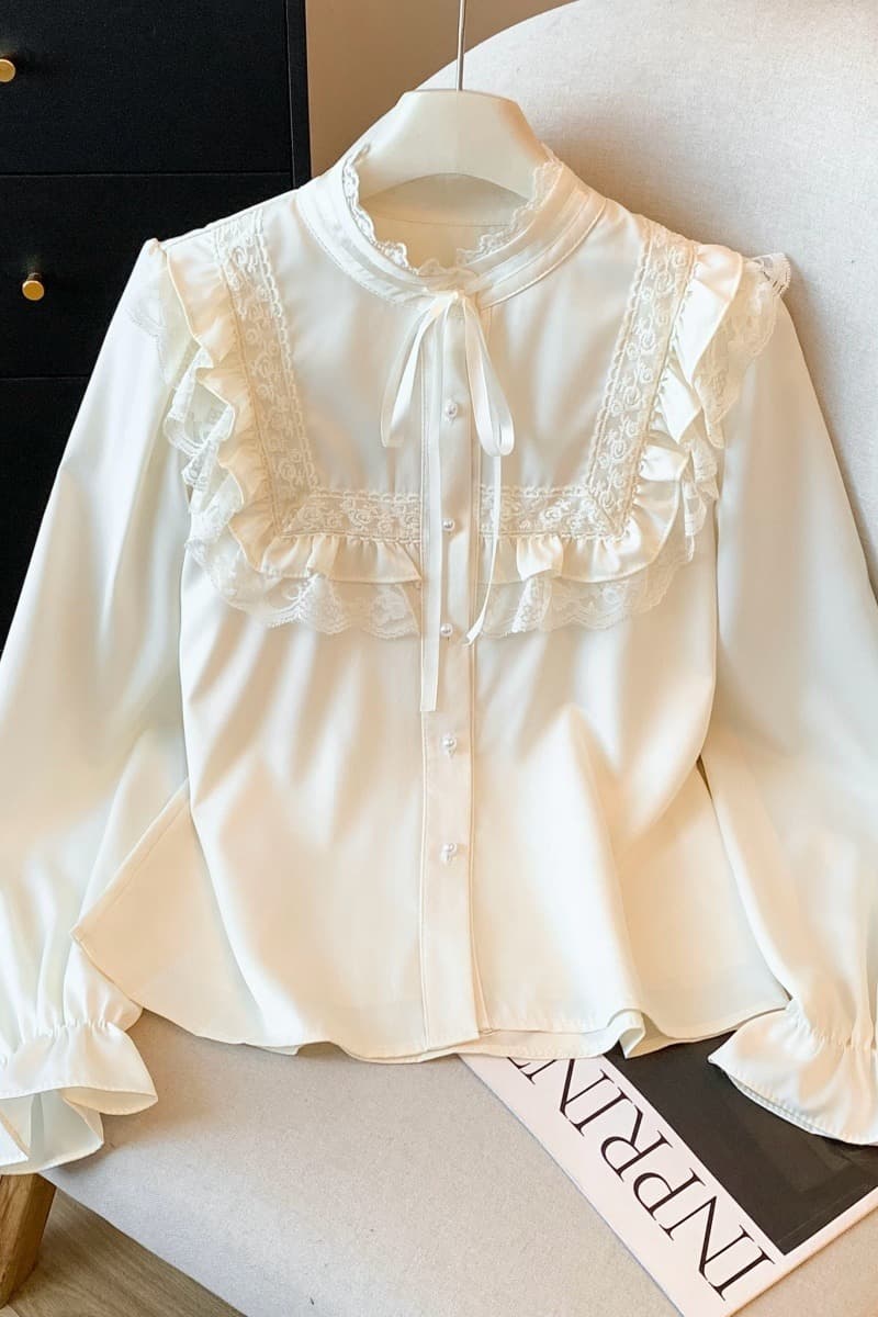 실사 가을 새로운 궁정 프랑스식 빛 럭셔리 레이스 레이스업 반하이넥 Chic 디자인 센스 바지를 입는 셔츠 이미지 6