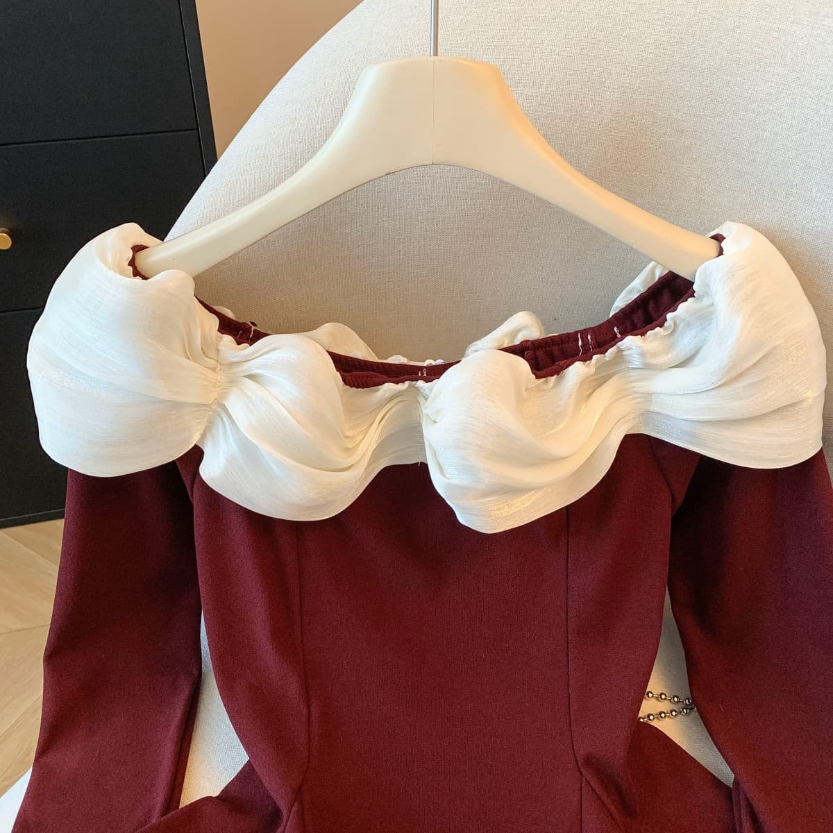 실사 작은 샤넬 스타일 프릴 긴팔 티셔츠 여성 가을 순수한 욕망 오프숄더 맨위 아름다운 기본 셔츠 인사이드 가져 가라. 상세 이미지 7