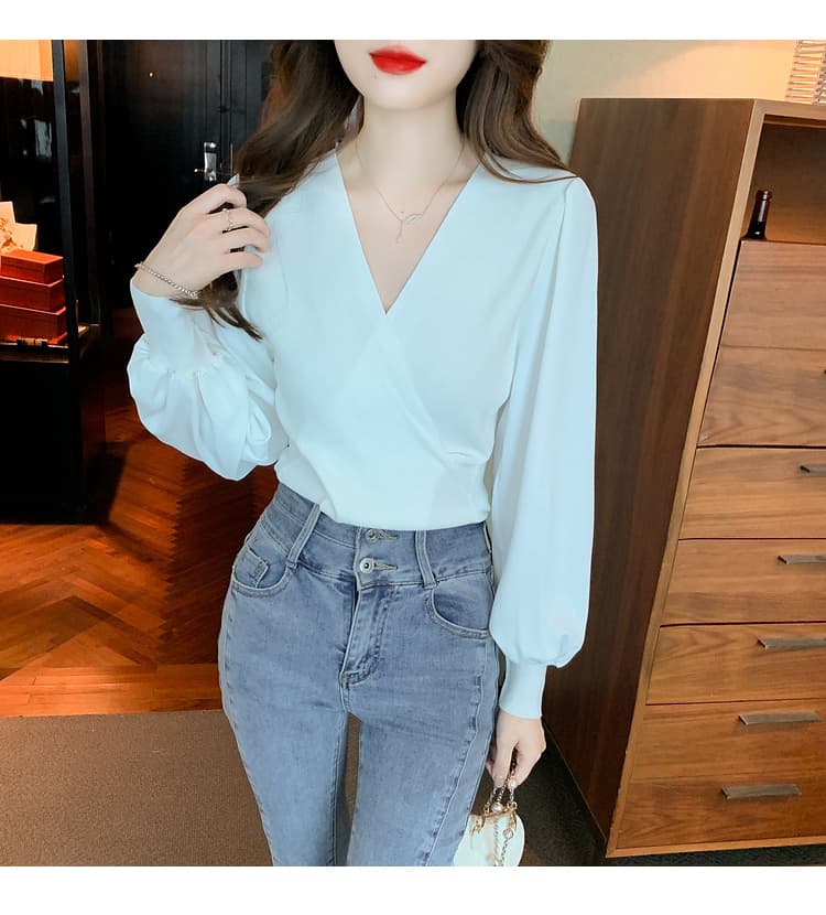 실사 2026 가을 새로운 한국 스타일 패치워크 쉬폰 소매 특색있는 섹션 몸매 가꾸기 기본 셔츠 니트 스웨터 상세 이미지 34