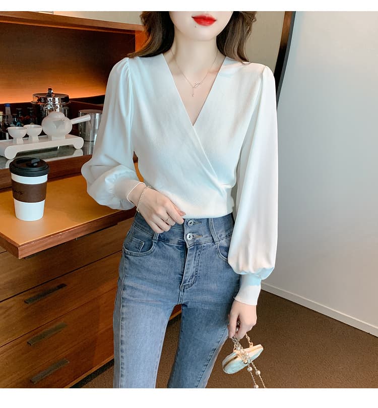 실사 2026 가을 새로운 한국 스타일 패치워크 쉬폰 소매 특색있는 섹션 몸매 가꾸기 기본 셔츠 니트 스웨터 상세 이미지 35