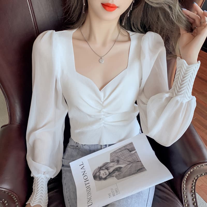 실사 2026 가을 새로운 한국 스타일 망사 패치워크 쉬폰 소매 몸매 가꾸기 기본 셔츠 니트 스웨터 맨위 이미지 3