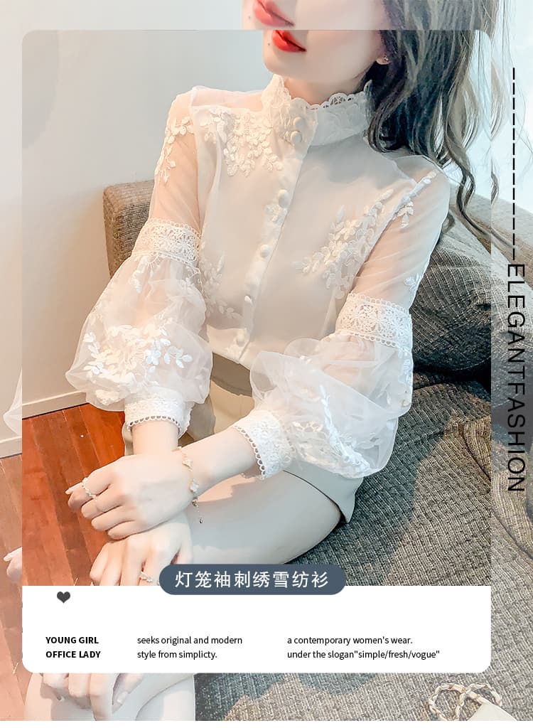 실사 2026 가을 새로운 궁정 바람 자수 셔츠 벌룬 소매 슈퍼 요정 레이스 셔츠 작은 셔츠 여성 상세 이미지 1