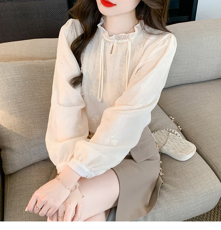 실사 가을 쉬폰 셔츠 2026 년 새로운 달콤함 단색 긴팔 맨위 자수 레이스 기본 셔츠 상세 이미지 19