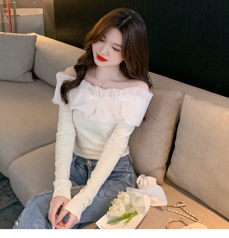 실사 2026 년 새로운 가을 쉬폰 오프숄더 달콤함 단색 긴팔 맨위 기본 셔츠 상세 이미지 18