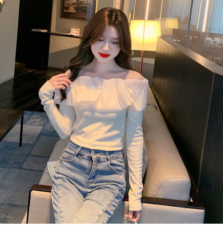 실사 2026 년 새로운 가을 쉬폰 오프숄더 달콤함 단색 긴팔 맨위 기본 셔츠 상세 이미지 23