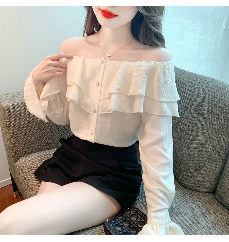 실사 2026 부드러운 바람 프릴 섹시함 오프숄더 달콤함 단색 숙녀 셔츠 품격 태양 보호 셔츠 맨위 상세 이미지 16