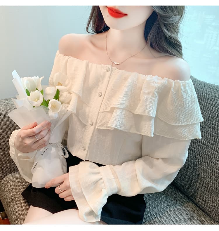 실사 2026 부드러운 바람 프릴 섹시함 오프숄더 달콤함 단색 숙녀 셔츠 품격 태양 보호 셔츠 맨위 상세 이미지 19