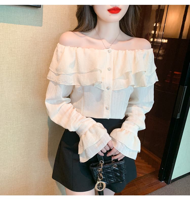 실사 2026 부드러운 바람 프릴 섹시함 오프숄더 달콤함 단색 숙녀 셔츠 품격 태양 보호 셔츠 맨위 상세 이미지 24