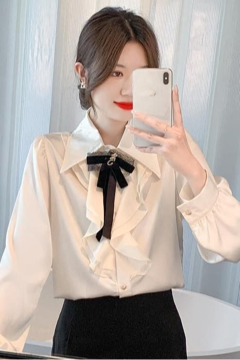 실사 가을 2026 년 새로운 작은 샤넬 스타일 레이스 새틴 여성 셔츠 인사이드 가져 가라. 레이스 긴팔 맨위 이미지 6