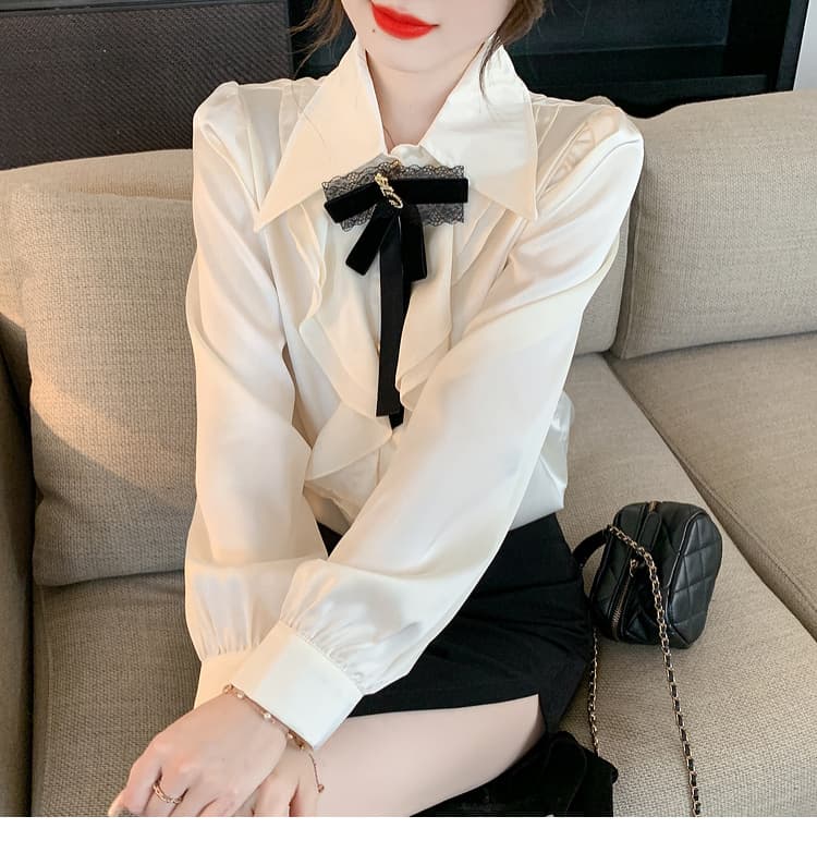 실사 가을 2026 년 새로운 작은 샤넬 스타일 레이스 새틴 여성 셔츠 인사이드 가져 가라. 레이스 긴팔 맨위 상세 이미지 13