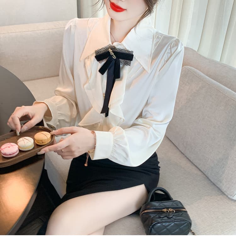 실사 가을 2026 년 새로운 작은 샤넬 스타일 레이스 새틴 여성 셔츠 인사이드 가져 가라. 레이스 긴팔 맨위 상세 이미지 15