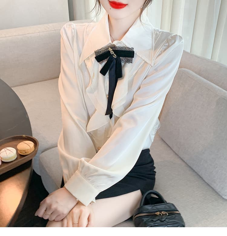 실사 가을 2026 년 새로운 작은 샤넬 스타일 레이스 새틴 여성 셔츠 인사이드 가져 가라. 레이스 긴팔 맨위 상세 이미지 17