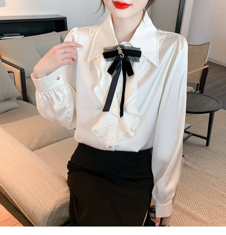 실사 가을 2026 년 새로운 작은 샤넬 스타일 레이스 새틴 여성 셔츠 인사이드 가져 가라. 레이스 긴팔 맨위 상세 이미지 22