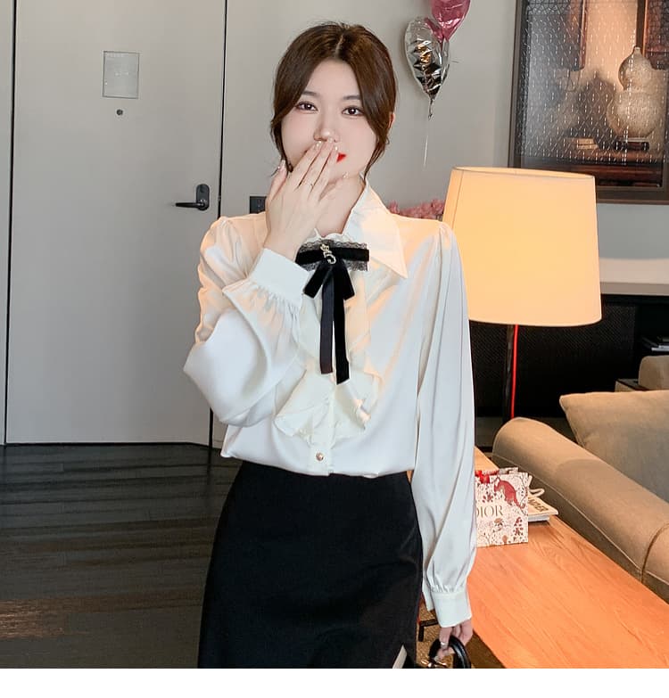 실사 가을 2026 년 새로운 작은 샤넬 스타일 레이스 새틴 여성 셔츠 인사이드 가져 가라. 레이스 긴팔 맨위 상세 이미지 27