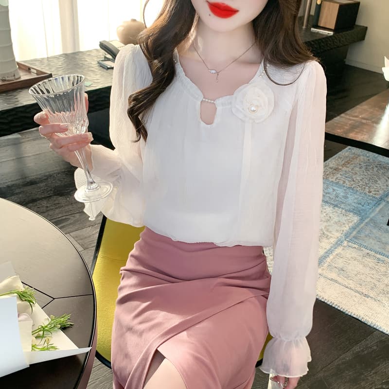 실사 가을 쉬폰 여성 셔츠 2026 년 새로운 요정 가스 달콤함 단색 3 차원 꽃 긴팔 맨위 기본 셔츠 이미지 2