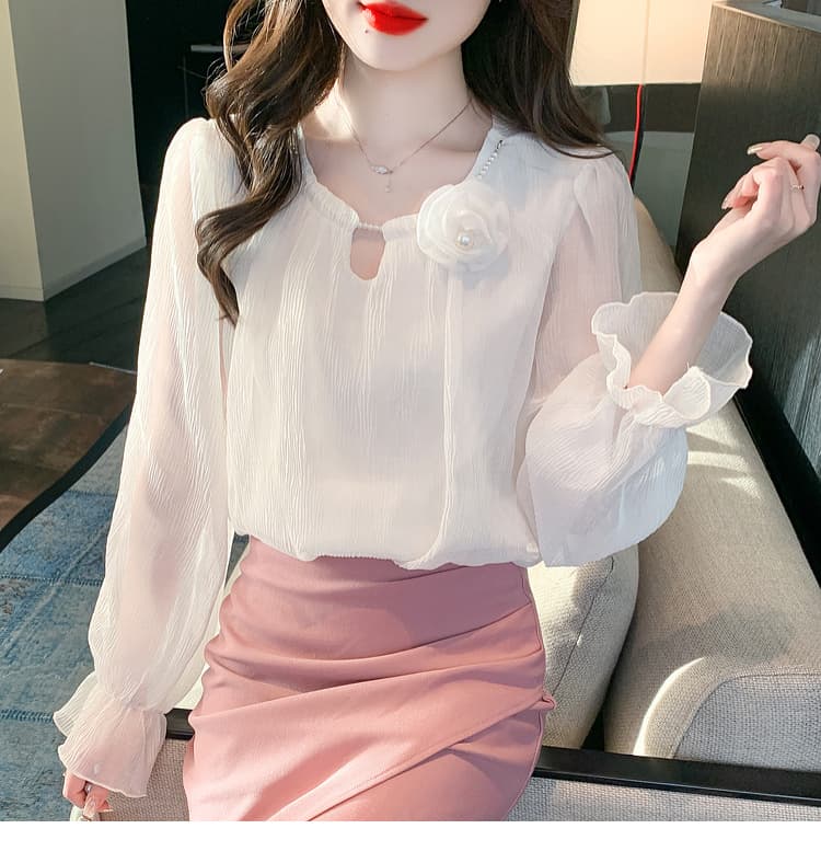 실사 가을 쉬폰 여성 셔츠 2026 년 새로운 요정 가스 달콤함 단색 3 차원 꽃 긴팔 맨위 기본 셔츠 상세 이미지 16