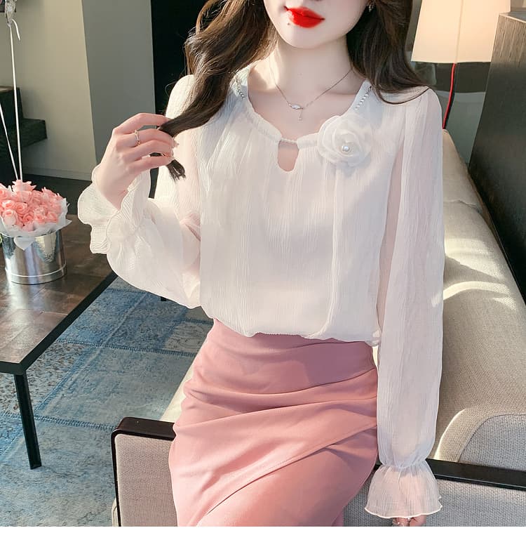 실사 가을 쉬폰 여성 셔츠 2026 년 새로운 요정 가스 달콤함 단색 3 차원 꽃 긴팔 맨위 기본 셔츠 상세 이미지 18