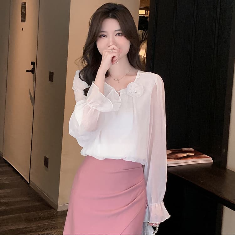 실사 가을 쉬폰 여성 셔츠 2026 년 새로운 요정 가스 달콤함 단색 3 차원 꽃 긴팔 맨위 기본 셔츠 상세 이미지 25