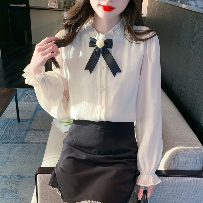 실사 가을 2026 년 새로운 요정 가스 레이스 여성 셔츠 인사이드 가져 가라. 3 차원 꽃 프릴 몸매 가꾸기 긴팔 맨위 이미지 2